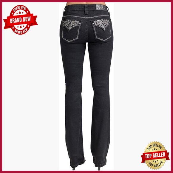Mid Rise Bootcut Jeans with Rhinestone Embellished Pockets and Faux Flap Details